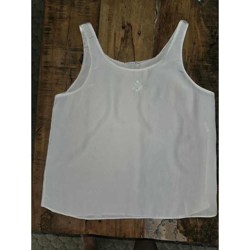 Vintage Christian Dior White Camisole Embroidered Logo Lingerie Top 329036 Small